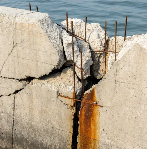 Spalling concrete and exposed rebar on an aging seawall