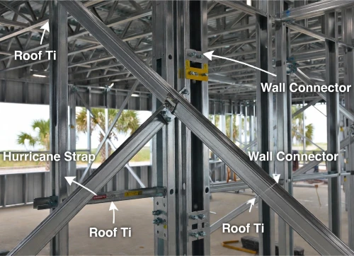 Reinforced steel connections on a Florida barndominium for hurricane code compliance
