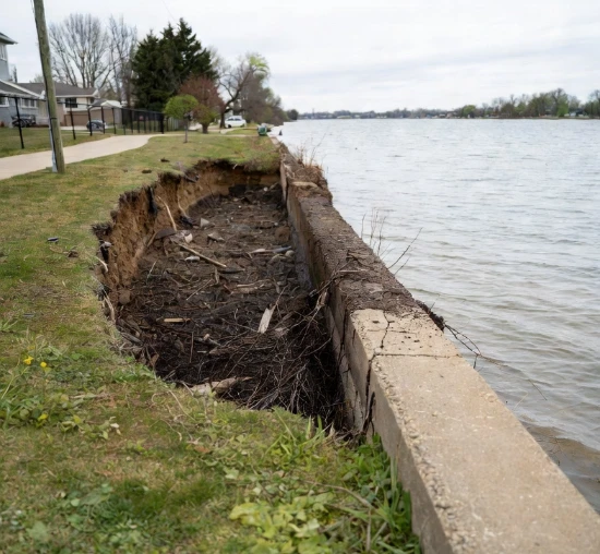 Soil washout behind a failing seawall cap