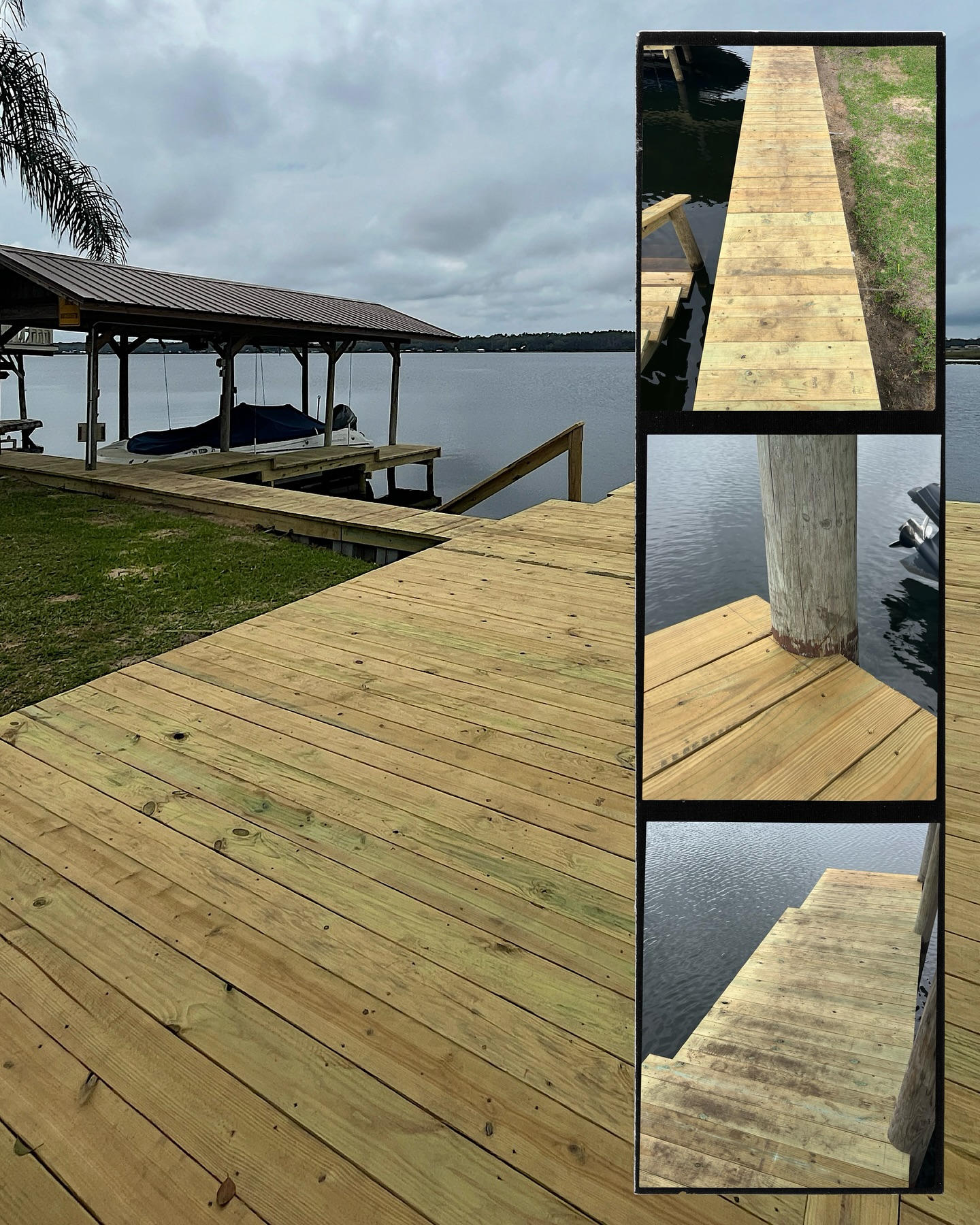 480954997_17919206238049257_3690430578293742630_n - JSC Contracting Inc Wooden dock by a calm lake with a boat under a shelter and grassy bank in the background, cloudy sky above