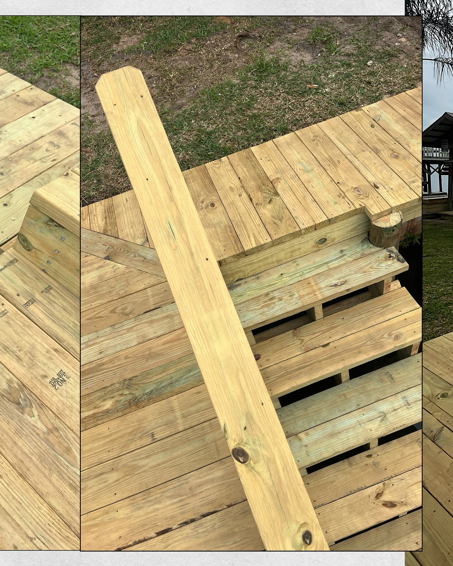 481020682_17919206229049257_6250805263160225641_n - JSC Contracting Inc Unfinished wooden deck with many planks laid out and a long diagonal board resting on top, outdoors on bare ground.