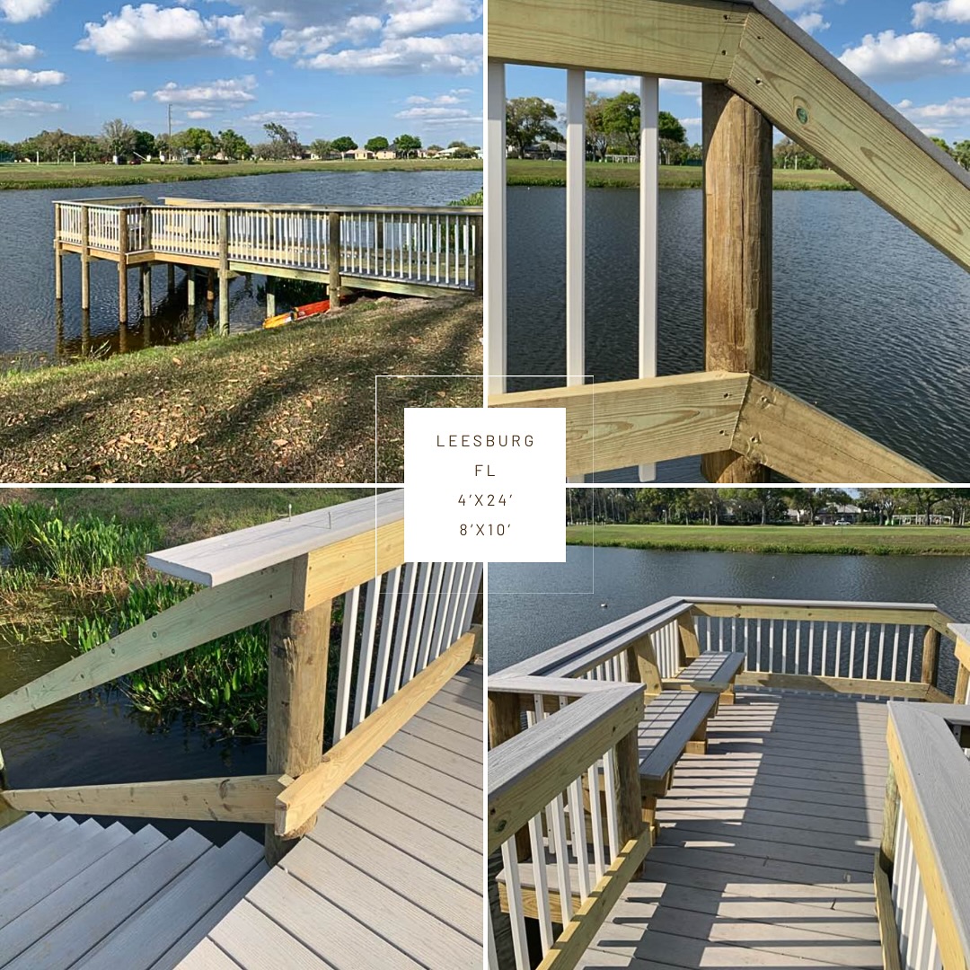 486603101_17923157865049257_3101815324007368018_n - JSC Contracting Inc Wooden multi-level dock and stair railings along a lake in Leesburg, Florida.