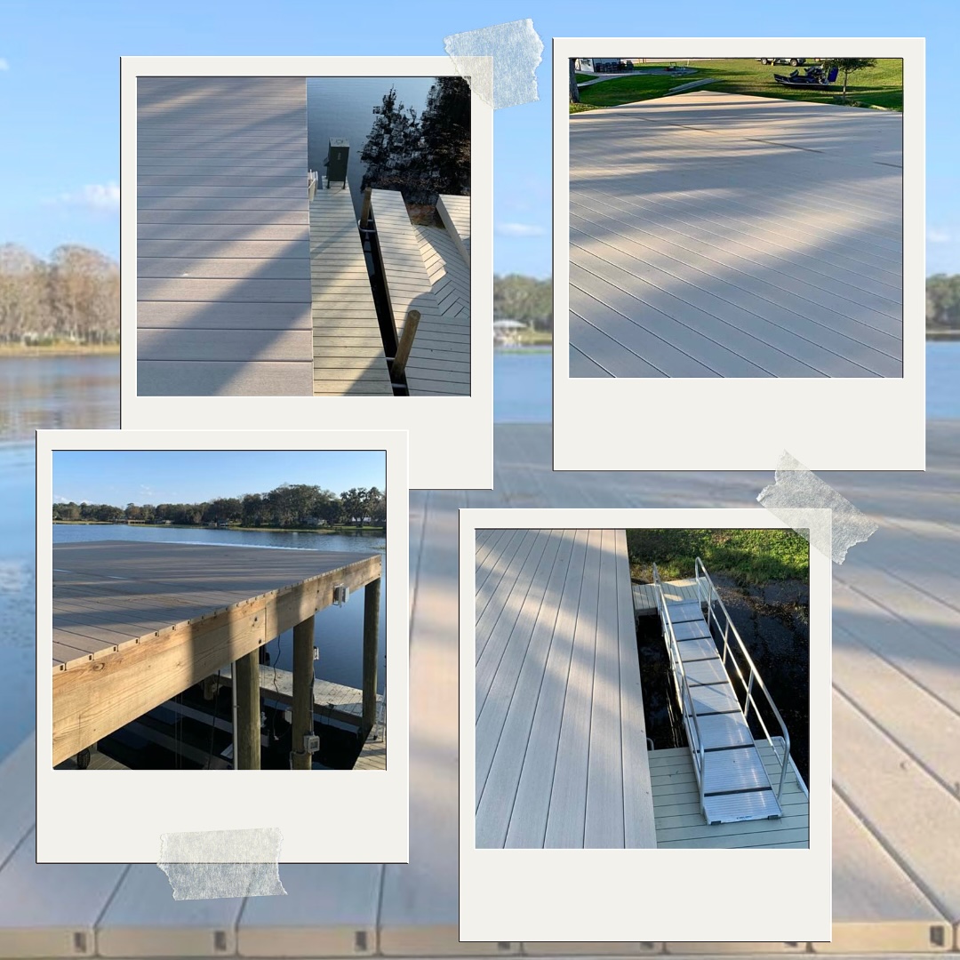Decking - JSC Contracting Inc Polaroid collage of a gray wooden dock along a calm lake with stairs and railings.