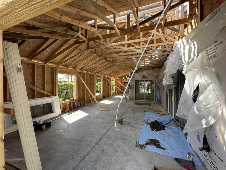 Wide interior view of room addition framing in The Villages, Florida, by JSC Contracting